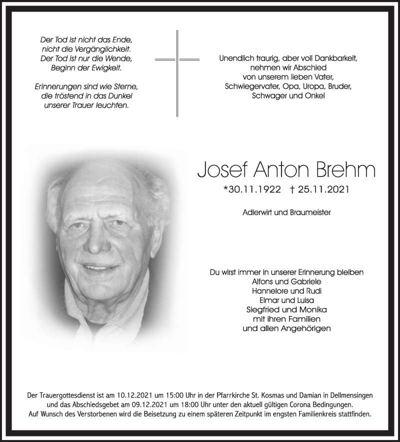  Traueranzeige für Josef Anton Brehm vom 04.12.2021 aus SÜDWEST PRESSE Ausgabe Ulm/Neu-Ulm