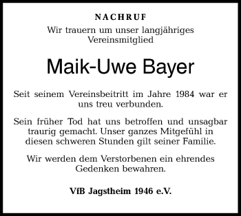 Traueranzeige von Maik-Uwe Bayer von Hohenloher Tagblatt