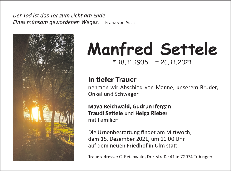  Traueranzeige für Manfred Settele vom 03.12.2021 aus SÜDWEST PRESSE Ausgabe Ulm/Neu-Ulm