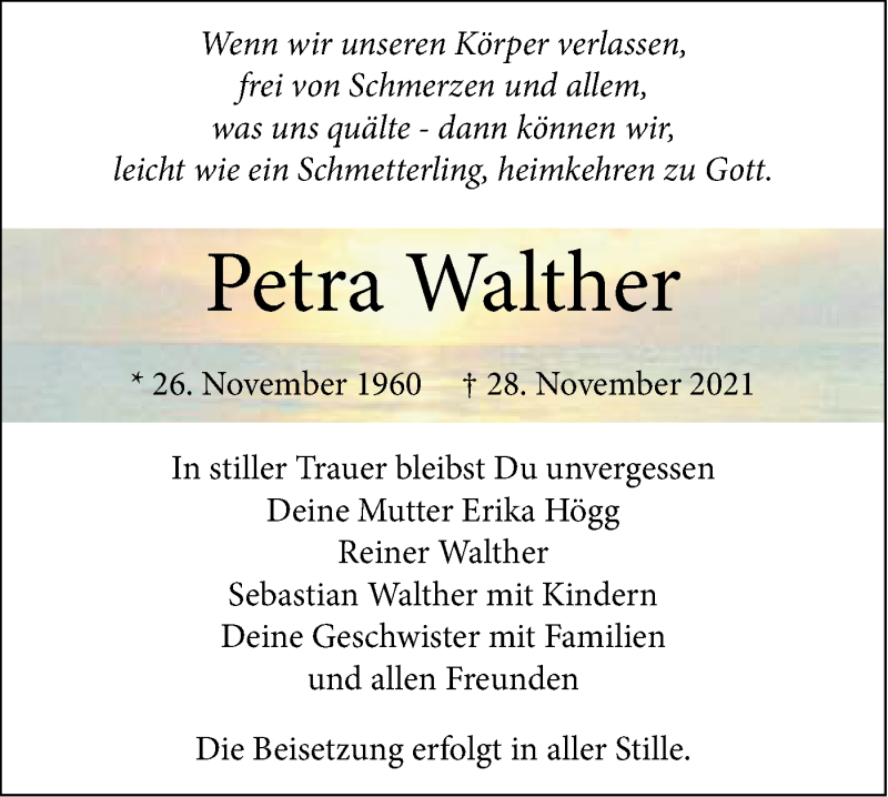  Traueranzeige für Petra Walther vom 04.12.2021 aus SÜDWEST PRESSE Ausgabe Ulm/Neu-Ulm
