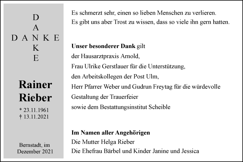  Traueranzeige für Rainer Rieber vom 02.12.2021 aus SÜDWEST PRESSE Ausgabe Ulm/Neu-Ulm