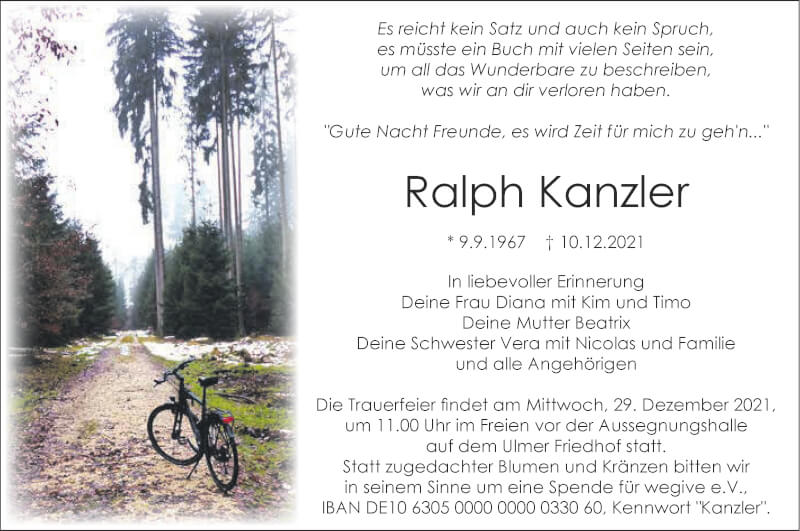  Traueranzeige für Ralph Kanzler vom 18.12.2021 aus SÜDWEST PRESSE Ausgabe Ulm/Neu-Ulm