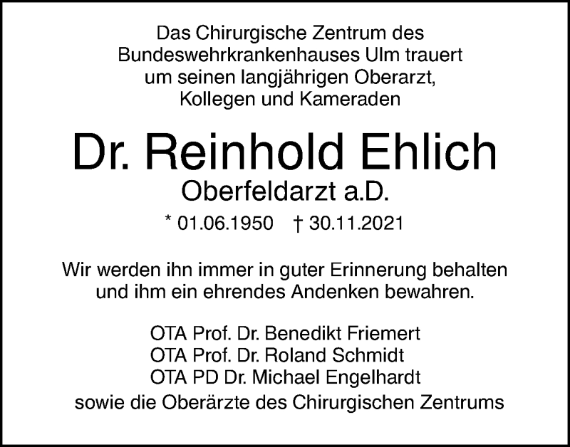  Traueranzeige für Reinhold Ehlich vom 04.12.2021 aus SÜDWEST PRESSE Ausgabe Ulm/Neu-Ulm