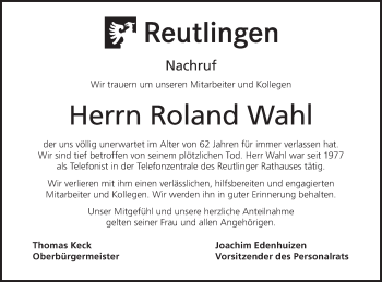 Traueranzeige von Roland Wahl von Metzinger-Uracher Volksblatt