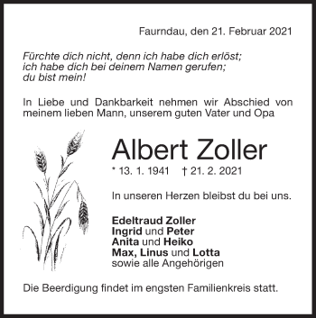 Traueranzeige von Albert Zoller von NWZ Neue Württembergische Zeitung