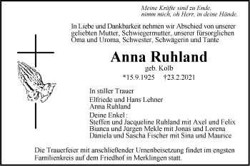 Traueranzeige von Anna Ruhland von SÜDWEST PRESSE Ausgabe Ulm/Neu-Ulm