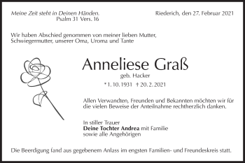 Traueranzeige von Anneliese Graß von Metzinger-Uracher Volksblatt