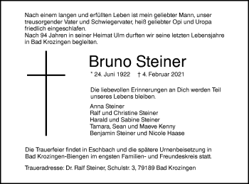 Traueranzeige von Bruno Steiner von SÜDWEST PRESSE Ausgabe Ulm/Neu-Ulm