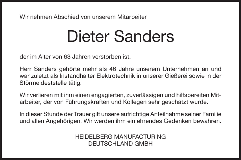  Traueranzeige für Dieter Sanders vom 10.02.2021 aus Geislinger Zeitung