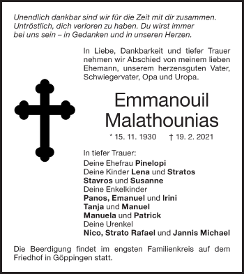 Traueranzeige von Emmanouil Malathounias von NWZ Neue Württembergische Zeitung