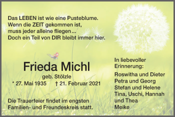 Traueranzeige von Frieda Michl von SÜDWEST PRESSE Ausgabe Ulm/Neu-Ulm