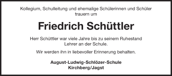 Traueranzeige von Friedrich Schüttler von Hohenloher Tagblatt