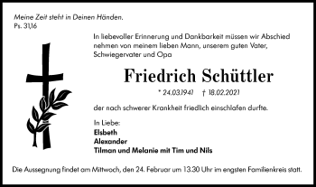 Traueranzeige von Friedrich Schüttler von Hohenloher Tagblatt