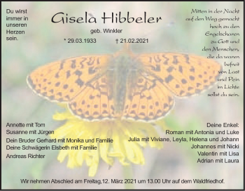 Traueranzeige von Gisela Hibbeler von Haller Tagblatt