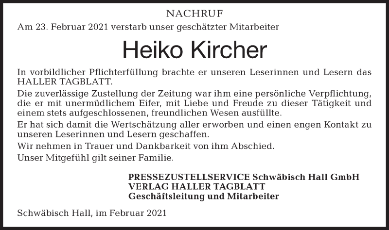  Traueranzeige für Heiko Kircher vom 27.02.2021 aus Haller Tagblatt