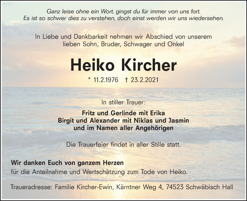  Traueranzeige für Heiko Kircher vom 27.02.2021 aus Haller Tagblatt