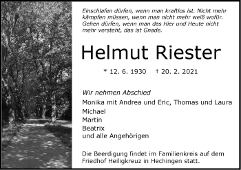 Traueranzeige von Helmut Riester von Metzinger-Uracher Volksblatt