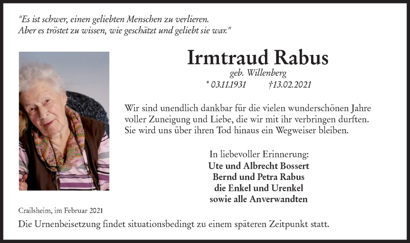  Traueranzeige für Irmtraud Rabus vom 16.02.2021 aus Hohenloher Tagblatt