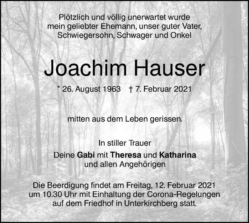  Traueranzeige für Joachim Hauser vom 10.02.2021 aus SÜDWEST PRESSE Ausgabe Ulm/Neu-Ulm