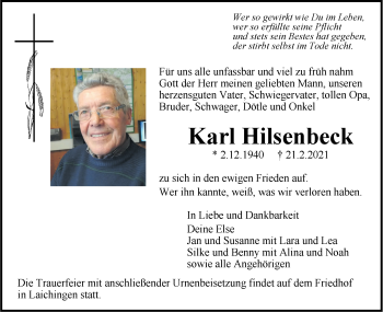 Traueranzeige von Karl Hilsenbeck von SÜDWEST PRESSE