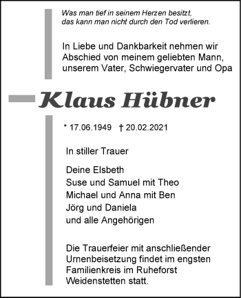 Traueranzeige von Klaus Hübner von SÜDWEST PRESSE Ausgabe Ulm/Neu-Ulm