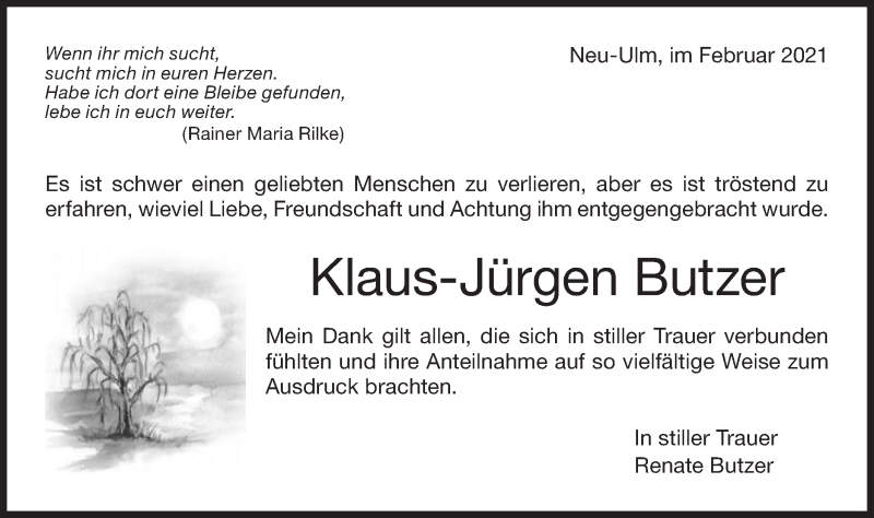  Traueranzeige für Klaus-Jürgen Butzer vom 03.02.2021 aus SÜDWEST PRESSE Ausgabe Ulm/Neu-Ulm