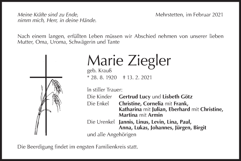  Traueranzeige für Marie Ziegler vom 16.02.2021 aus Alb-Bote/Metzinger-Uracher Volksblatt