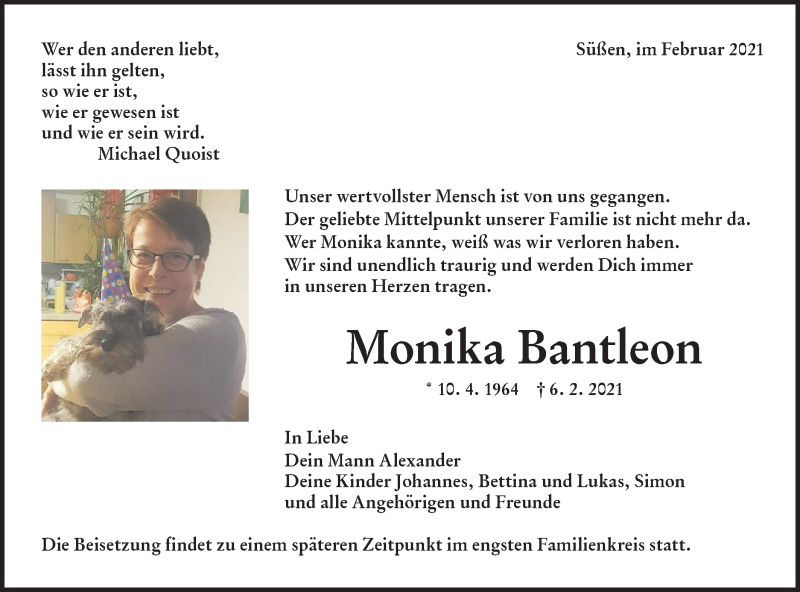  Traueranzeige für Monika Bantleon vom 12.02.2021 aus NWZ Neue Württembergische Zeitung