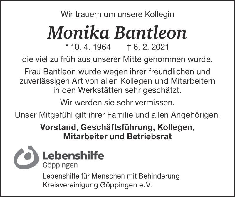  Traueranzeige für Monika Bantleon vom 12.02.2021 aus NWZ Neue Württembergische Zeitung/Geislinger Zeitung