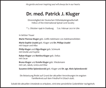Traueranzeige von Patrick  Kluger von SÜDWEST PRESSE Ausgabe Ulm/Neu-Ulm