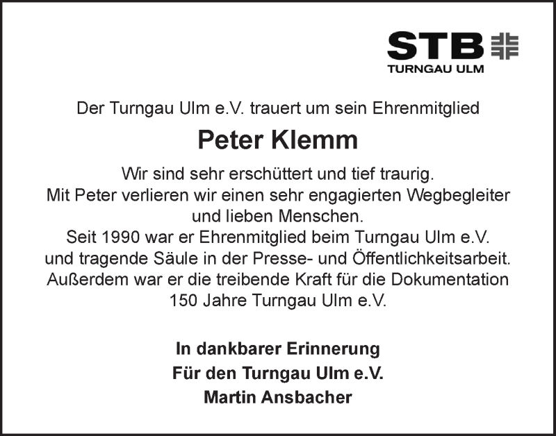  Traueranzeige für Peter Klemm vom 20.02.2021 aus SÜDWEST PRESSE Ausgabe Ulm/Neu-Ulm
