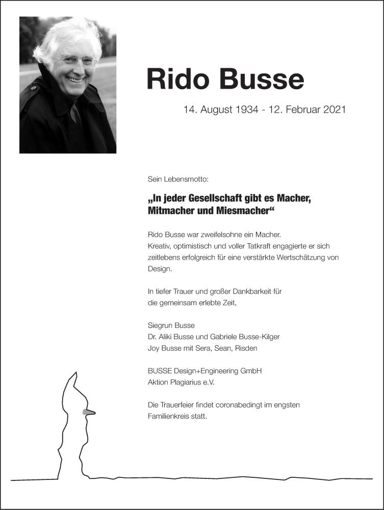  Traueranzeige für Rido Busse vom 20.02.2021 aus SÜDWEST PRESSE Ausgabe Ulm/Neu-Ulm