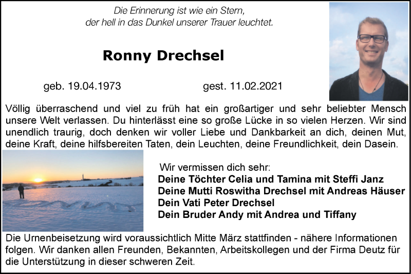  Traueranzeige für Ronny Drechsel vom 16.02.2021 aus SÜDWEST PRESSE Ausgabe Ulm/Neu-Ulm