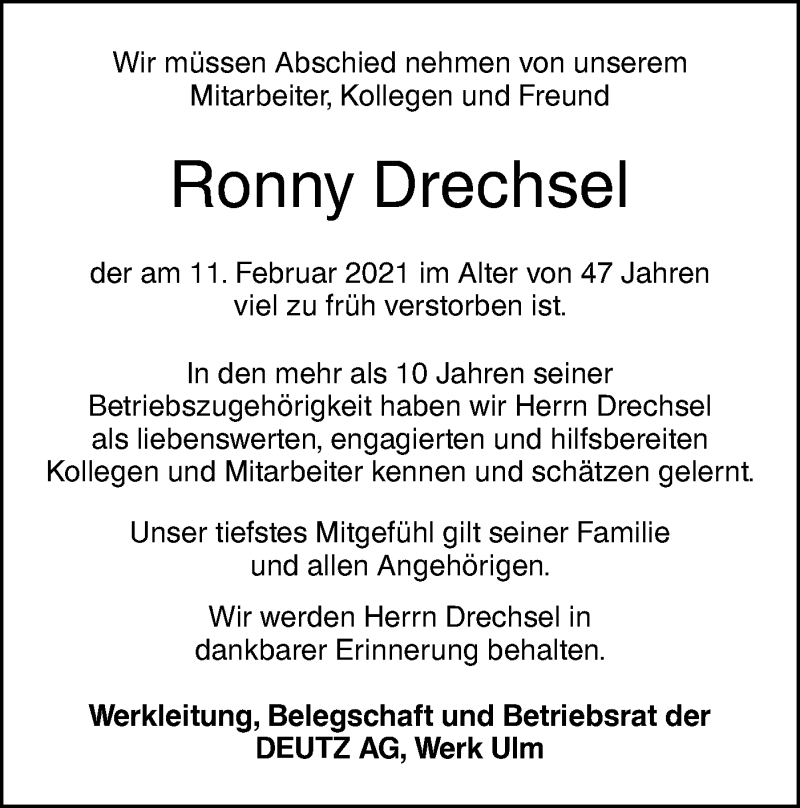  Traueranzeige für Ronny Drechsel vom 20.02.2021 aus SÜDWEST PRESSE Ausgabe Ulm/Neu-Ulm
