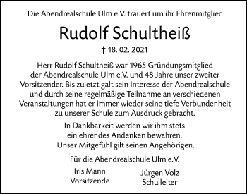 Traueranzeige von Rudolf Schultheiß von SÜDWEST PRESSE Ausgabe Ulm/Neu-Ulm