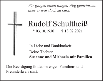 Traueranzeige von Rudolf Schultheiß von SÜDWEST PRESSE Ausgabe Ulm/Neu-Ulm