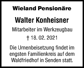 Traueranzeige von Walter Konheisner von SÜDWEST PRESSE Ausgabe Ulm/Neu-Ulm
