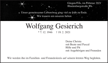 Traueranzeige von Wolfgang Gesierich von Geislinger Zeitung
