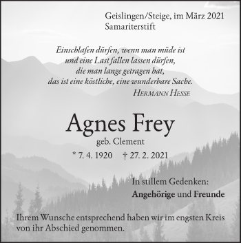 Traueranzeige von Agnes Frey von Geislinger Zeitung