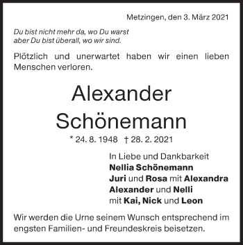 Traueranzeige von Alexander Schönemann von Metzinger-Uracher Volksblatt