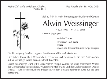 Traueranzeige von Alwin Weissinger von Metzinger-Uracher Volksblatt