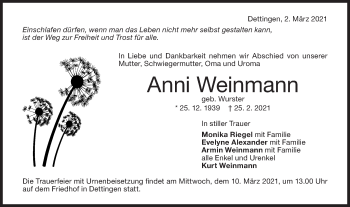 Traueranzeige von Anni Weinmann von Metzinger-Uracher Volksblatt