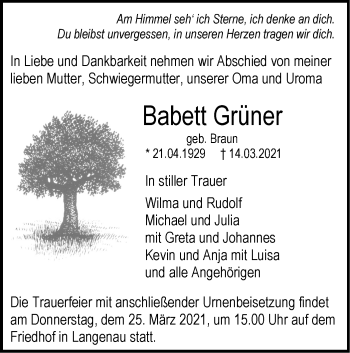 Traueranzeige von Babett Grüner von SÜDWEST PRESSE Ausgabe Ulm/Neu-Ulm