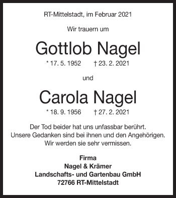 Traueranzeige von Carola Nagel von Metzinger-Uracher Volksblatt