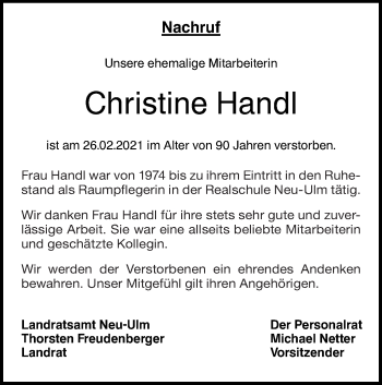 Traueranzeige von Christine Handl von SÜDWEST PRESSE Ausgabe Ulm/Neu-Ulm