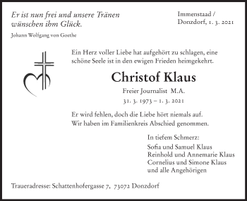 Traueranzeige von Christof Klaus von NWZ Neue Württembergische Zeitung