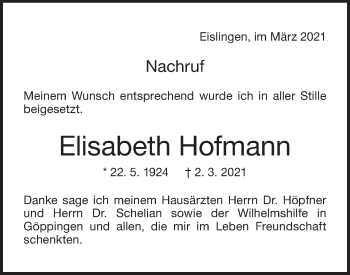 Traueranzeige von Elisabeth Hofmann von NWZ Neue Württembergische Zeitung