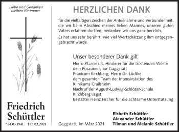 Traueranzeige von Friedrich Schüttler von Hohenloher Tagblatt