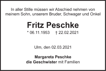 Traueranzeige von Fritz Peschke von SÜDWEST PRESSE Ausgabe Ulm/Neu-Ulm