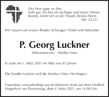 Traueranzeige von Georg Luckner von Metzinger-Uracher Volksblatt